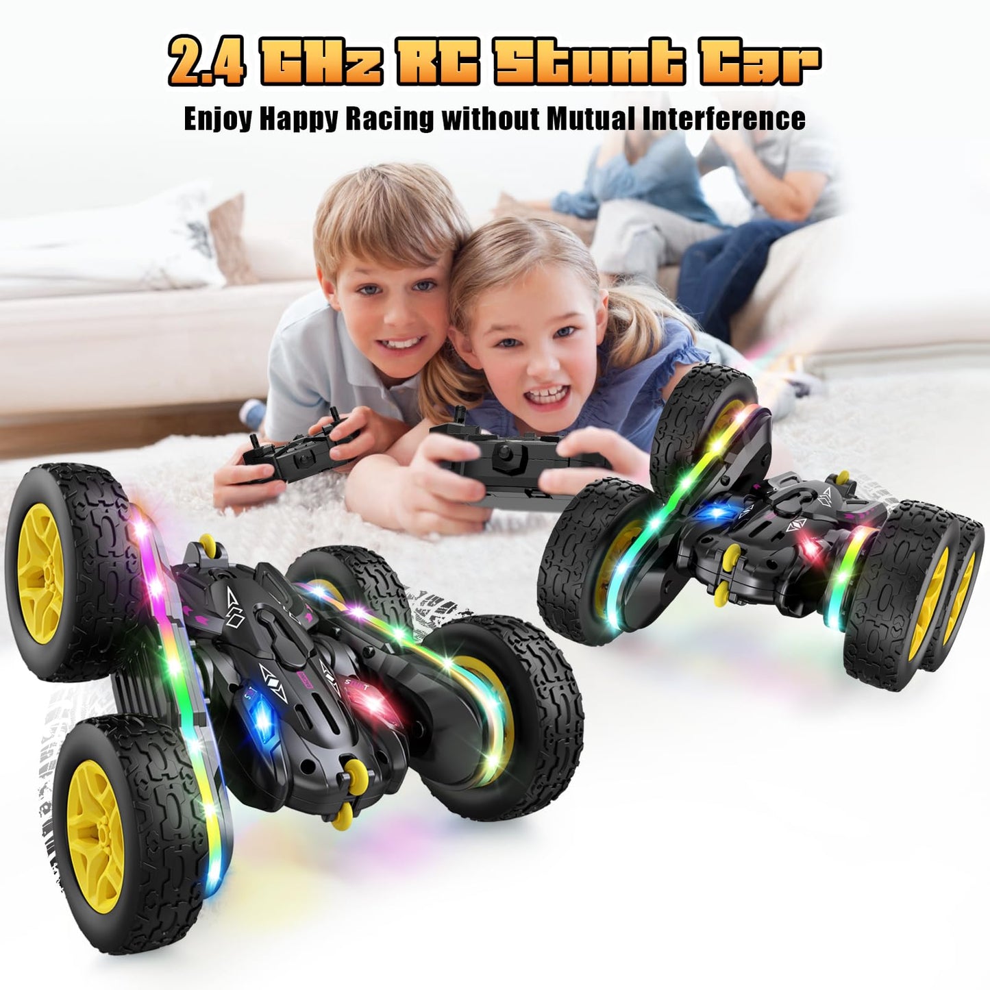 Remote Control Car,RC Cars with Sides Light Strip and Headlights,Double Sided 360 Flips Rotating RC Stunt Car,2.4Ghz All Terrain Toys for Ages 4-6 Kids Toy for Boys Girls Birthday Gift(Yellow)