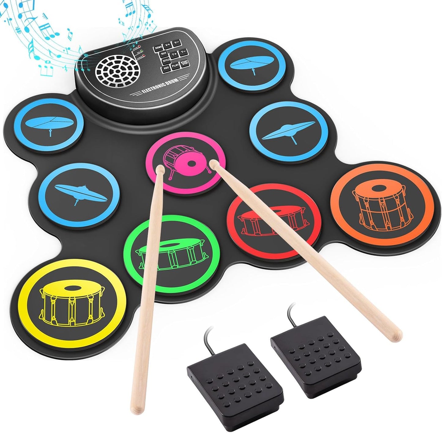 Electronic Drum Set, 9-Drum Practice Pad with Headphone Jack, Roll-up Drum Kit Machine with Built-in Speaker Drum Pedals and Sticks 10 Hours Playtime, Great Christmas Holiday Gifts for Kids