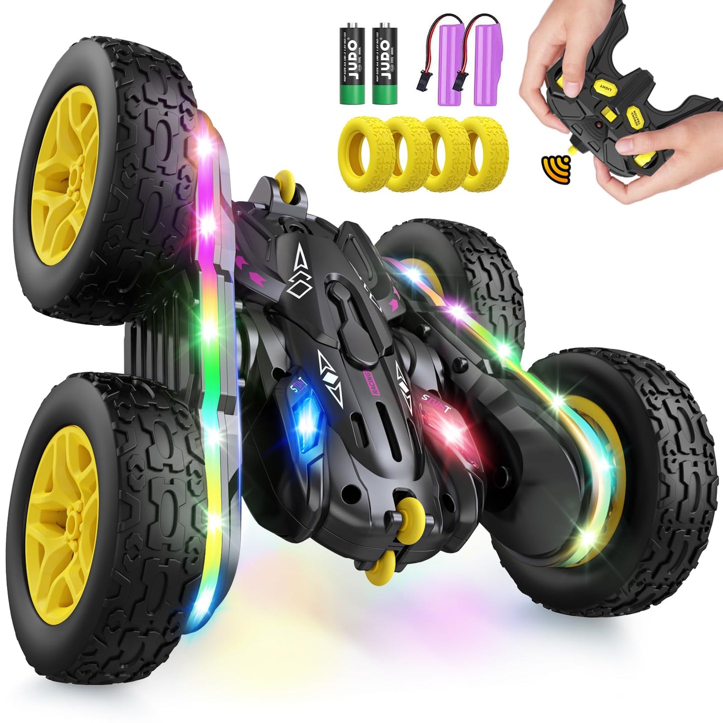 Remote Control Car,RC Cars with Sides Light Strip and Headlights,Double Sided 360 Flips Rotating RC Stunt Car,2.4Ghz All Terrain Toys for Ages 4-6 Kids Toy for Boys Girls Birthday Gift(Yellow)