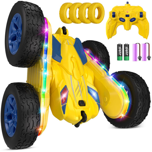 Remote Control Car,RC Cars with Sides Light Strip and Headlights,Double Sided 360 Flips Rotating RC Stunt Car,2.4Ghz All Terrain Toys for Ages 4-6 Kids Toy for Boys Girls Birthday Gift(Yellow)