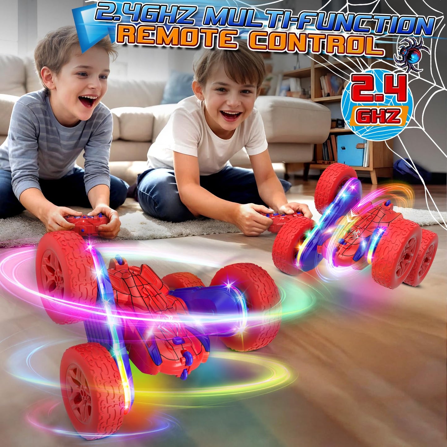 Remote Control Car,RC Cars with Sides Light Strip and Headlights,Double Sided 360 Flips Rotating RC Stunt Car,2.4Ghz All Terrain Toys for Ages 4-6 Kids Toy for Boys Girls Birthday Gift(Yellow)