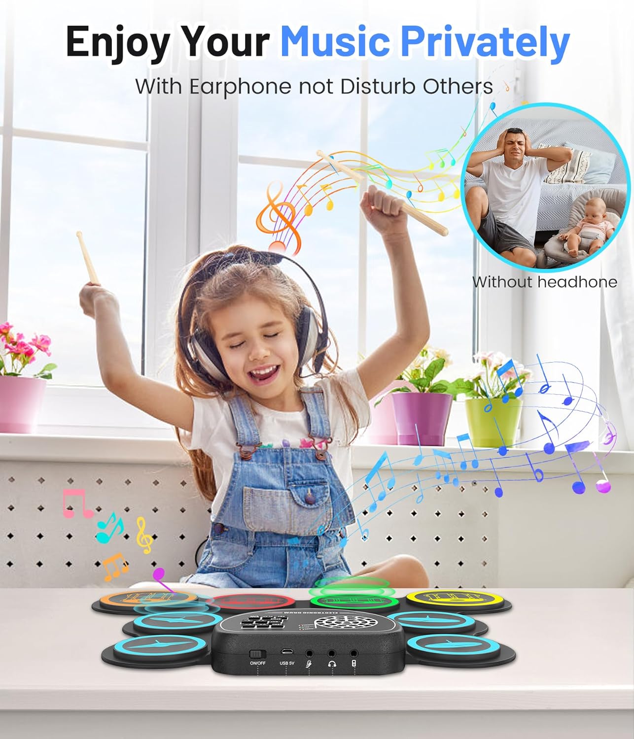 Electronic Drum Set, 9-Drum Practice Pad with Headphone Jack, Roll-up Drum Kit Machine with Built-in Speaker Drum Pedals and Sticks 10 Hours Playtime, Great Christmas Holiday Gifts for Kids