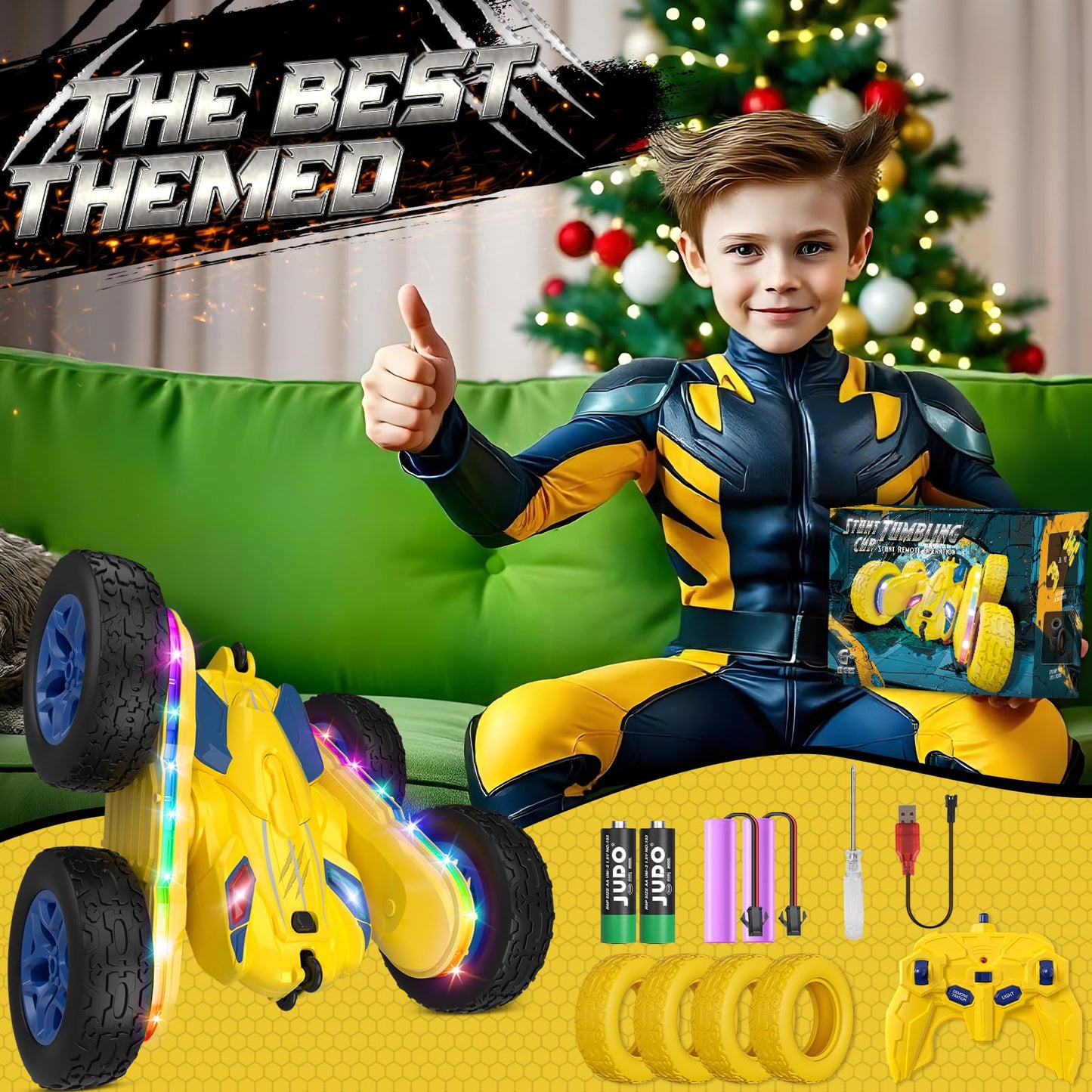 Remote Control Car,RC Cars with Sides Light Strip and Headlights,Double Sided 360 Flips Rotating RC Stunt Car,2.4Ghz All Terrain Toys for Ages 4-6 Kids Toy for Boys Girls Birthday Gift(Yellow)