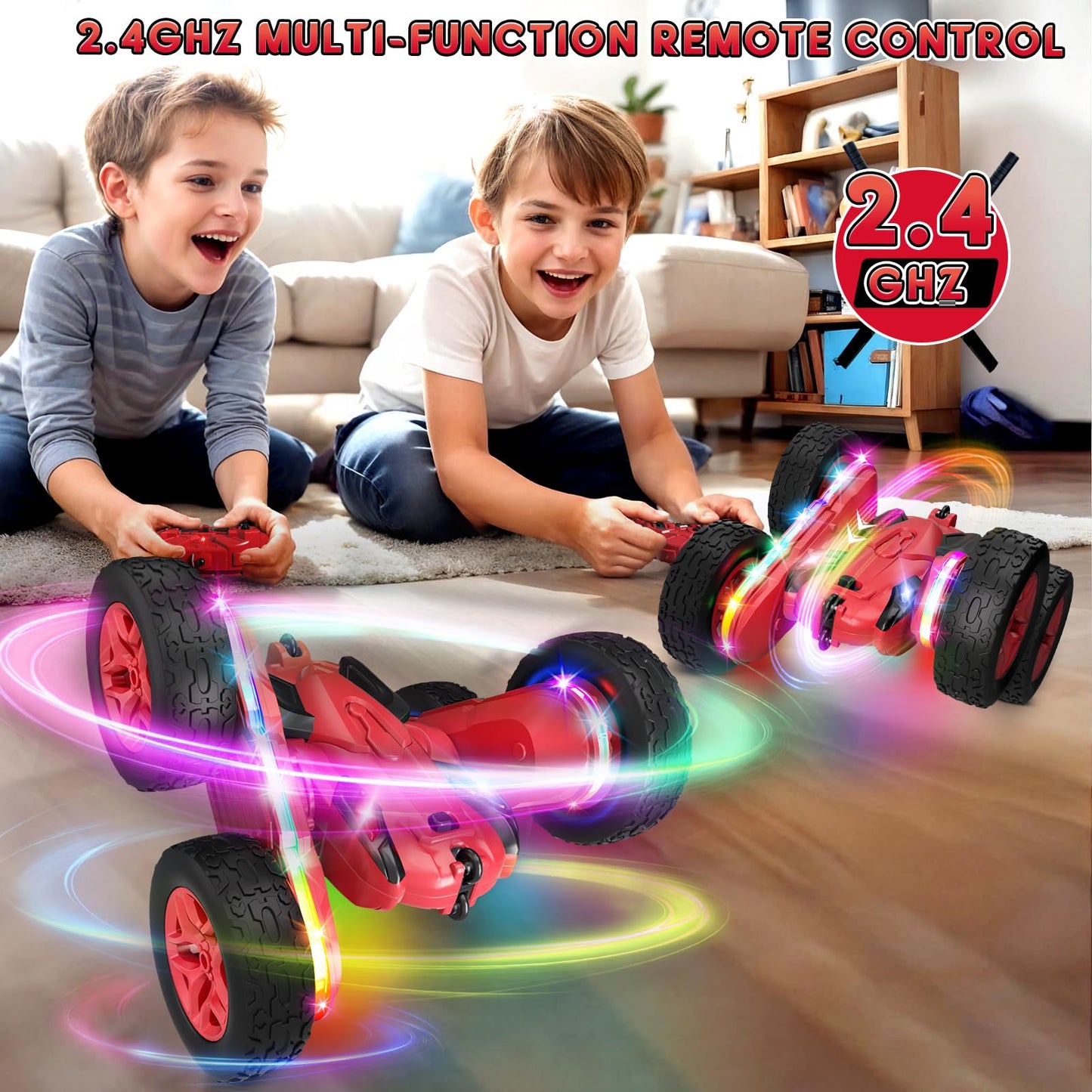 Remote Control Car,RC Cars with Sides Light Strip and Headlights,Double Sided 360 Flips Rotating RC Stunt Car,2.4Ghz All Terrain Toys for Ages 4-6 Kids Toy for Boys Girls Birthday Gift(Yellow)