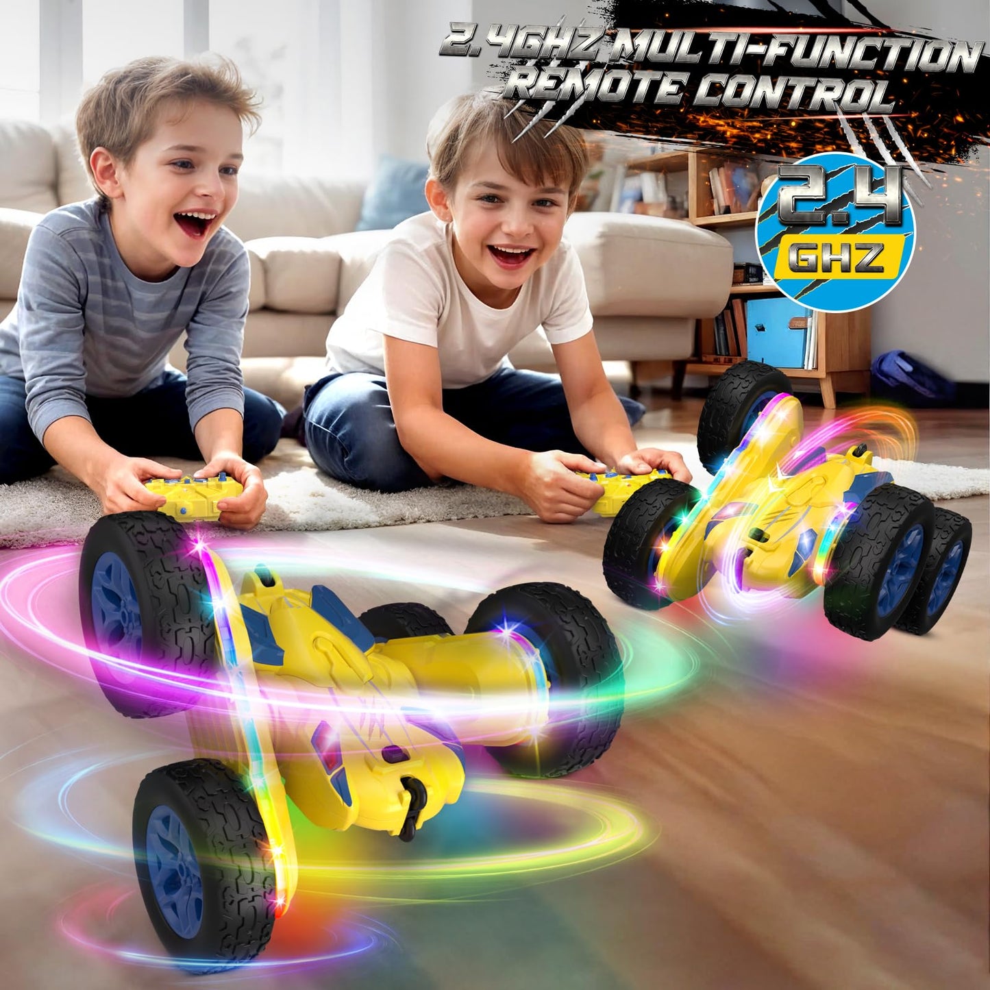 Remote Control Car,RC Cars with Sides Light Strip and Headlights,Double Sided 360 Flips Rotating RC Stunt Car,2.4Ghz All Terrain Toys for Ages 4-6 Kids Toy for Boys Girls Birthday Gift(Yellow)