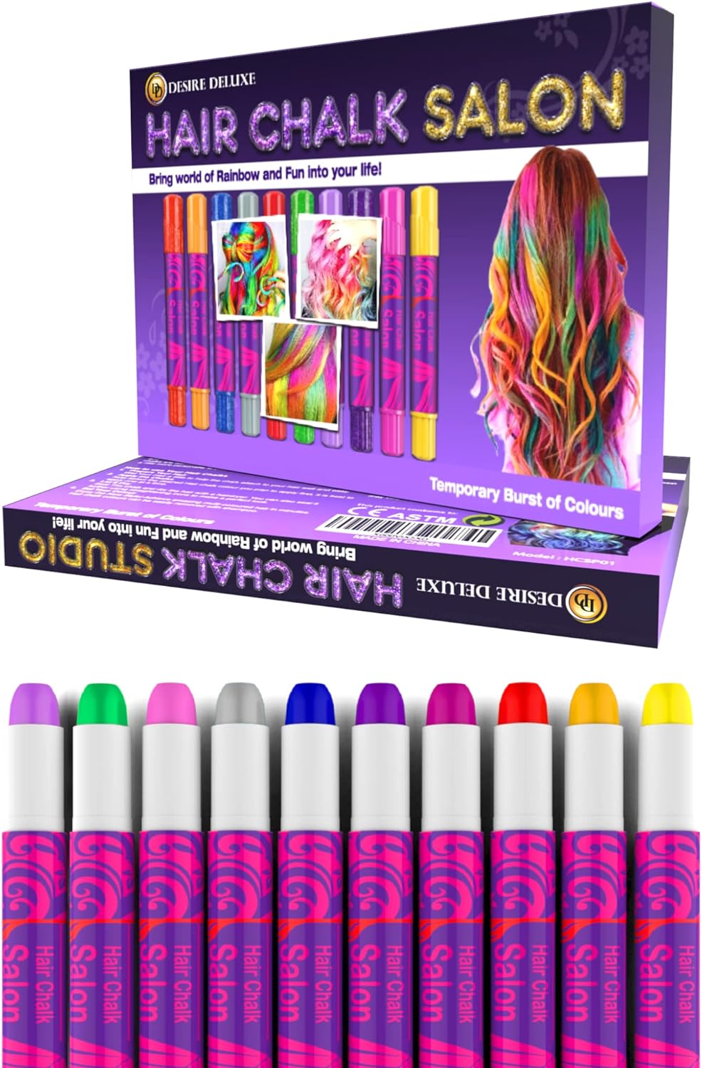 Desire Deluxe Hair Chalk for Girls Makeup Kit of 10 Temporary Colour Pens Gifts, Great Toy for Kids Age 5 6 7 8 9 10 11 12 13 Years Old, "Blue,Green,Grey,Pink,Purple