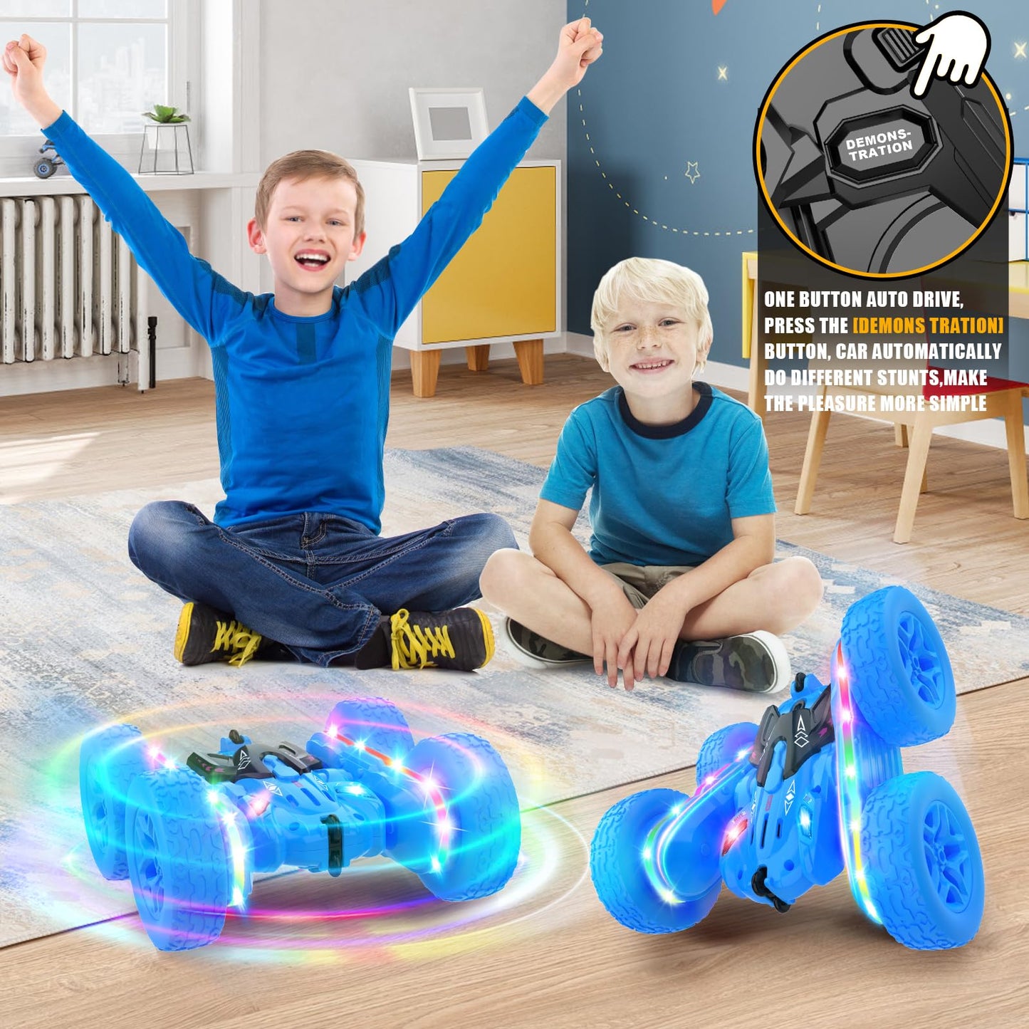 Remote Control Car,RC Cars with Sides Light Strip and Headlights,Double Sided 360 Flips Rotating RC Stunt Car,2.4Ghz All Terrain Toys for Ages 4-6 Kids Toy for Boys Girls Birthday Gift(Yellow)