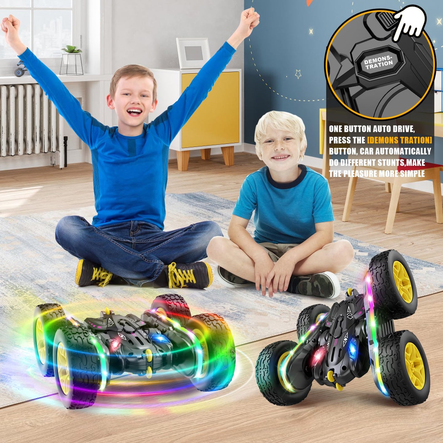 Remote Control Car,RC Cars with Sides Light Strip and Headlights,Double Sided 360 Flips Rotating RC Stunt Car,2.4Ghz All Terrain Toys for Ages 4-6 Kids Toy for Boys Girls Birthday Gift(Yellow)