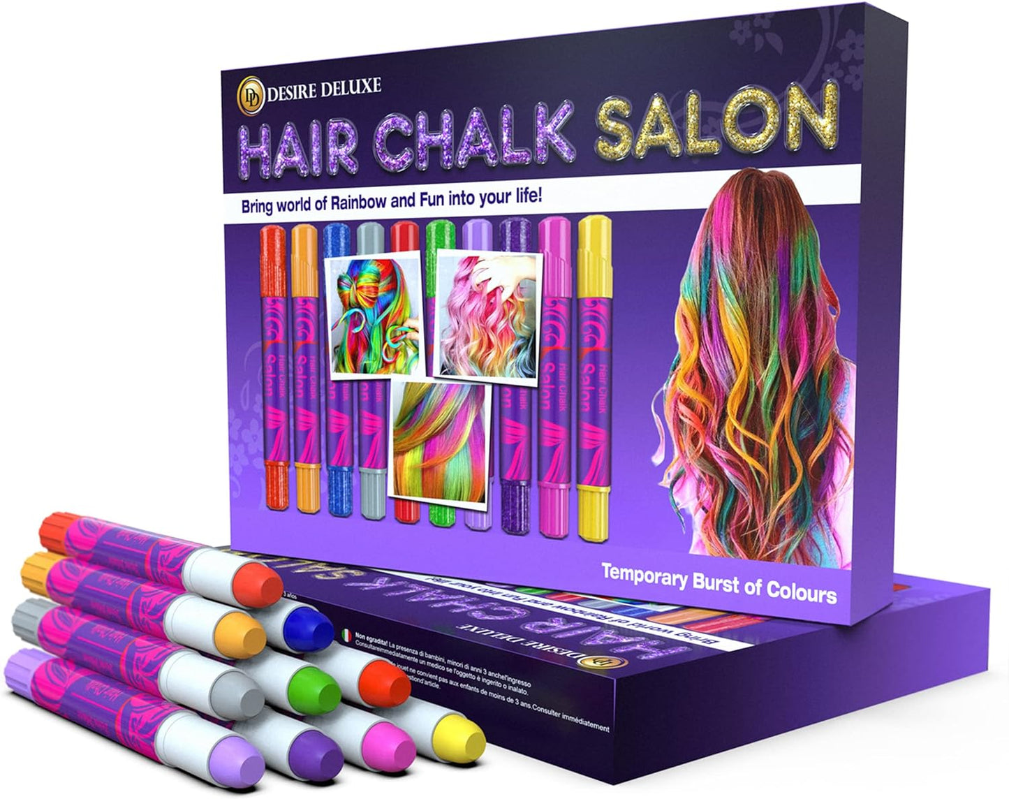 Desire Deluxe Hair Chalk for Girls Makeup Kit of 10 Temporary Colour Pens Gifts, Great Toy for Kids Age 5 6 7 8 9 10 11 12 13 Years Old, "Blue,Green,Grey,Pink,Purple