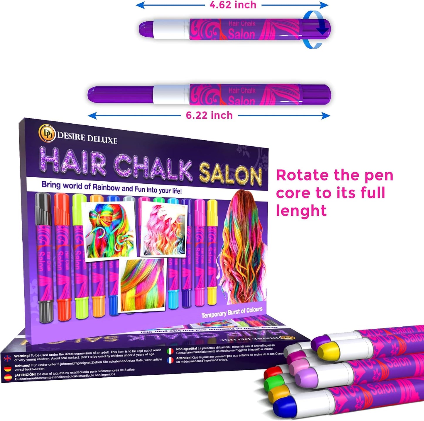 Desire Deluxe Hair Chalk for Girls Makeup Kit of 10 Temporary Colour Pens Gifts, Great Toy for Kids Age 5 6 7 8 9 10 11 12 13 Years Old, "Blue,Green,Grey,Pink,Purple